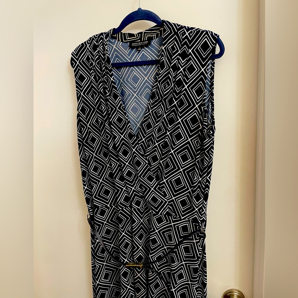 Jones New York Womens Blue Patterned Sleeveless Belted Dress 1x